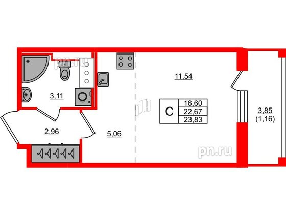 Квартира в ЖК Сандэй, студия, 23.83 м², 6 этаж