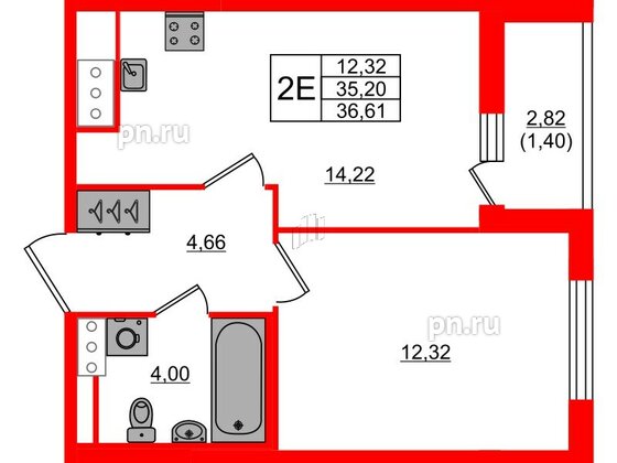 Квартира в ЖК Сандэй, 1 комнатная, 36.61 м², 12 этаж