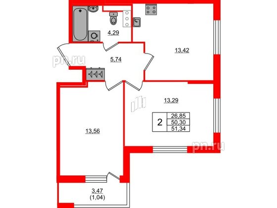 Квартира в ЖК Сандэй, 2 комнатная, 51.34 м², 4 этаж