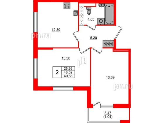 Квартира в ЖК Сандэй, 2 комнатная, 49.56 м², 11 этаж