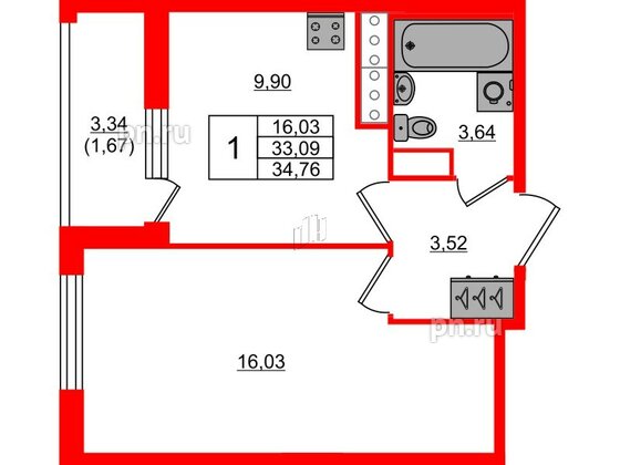 Квартира в ЖК Сандэй, 1 комнатная, 34.76 м², 10 этаж