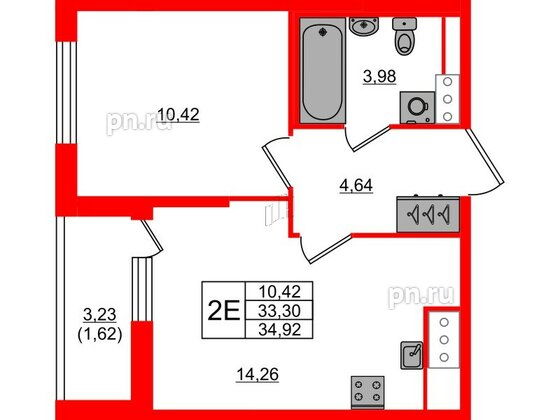 Квартира в ЖК Сандэй, 1 комнатная, 34.92 м², 2 этаж