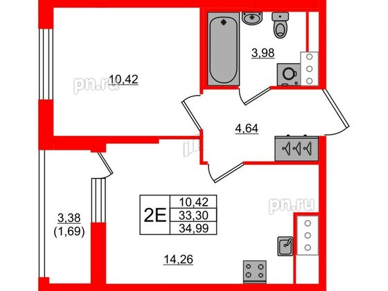 Квартира в ЖК Сандэй, 1 комнатная, 34.99 м², 6 этаж