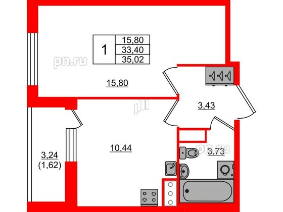 Квартира в ЖК Сандэй, 1 комнатная, 35.02 м², 9 этаж