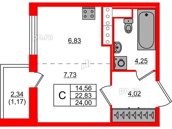 Квартира в ЖК Сандэй, студия, 24 м², 11 этаж