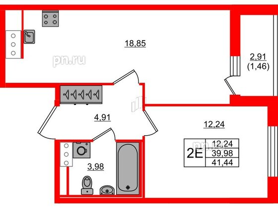 Квартира в ЖК Сандэй, 1 комнатная, 41.44 м², 2 этаж