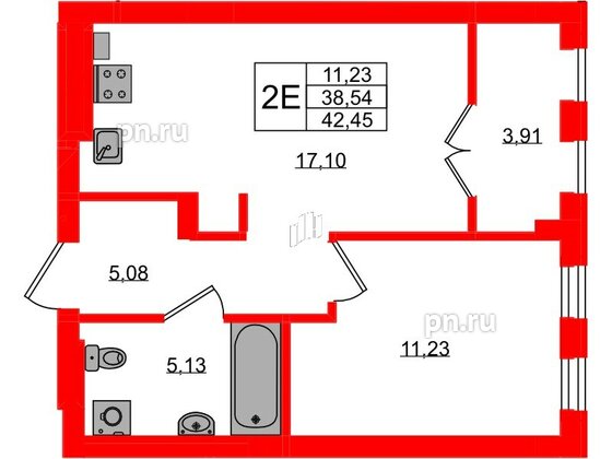 Квартира в ЖК «Включи», 1 комнатная, 42.45 м², 2 этаж