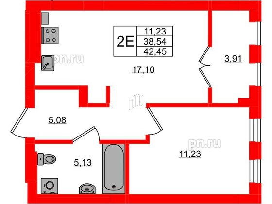 Квартира в ЖК «Включи», 1 комнатная, 42.45 м², 3 этаж