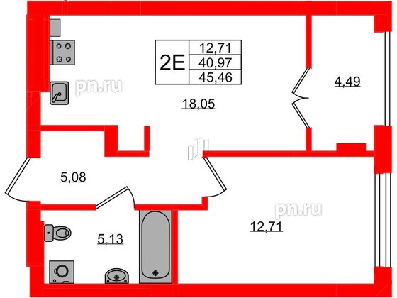 Квартира в ЖК «Включи», 1 комнатная, 42.45 м², 4 этаж