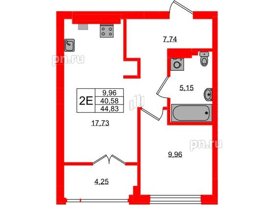 Квартира в ЖК «Включи», 1 комнатная, 44.83 м², 2 этаж