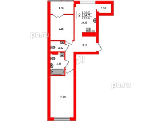 Квартира в ЖК «Включи», 2 комнатная, 59.27 м², 4 этаж