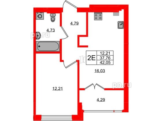 Квартира в ЖК «Включи», 1 комнатная, 42.05 м², 3 этаж