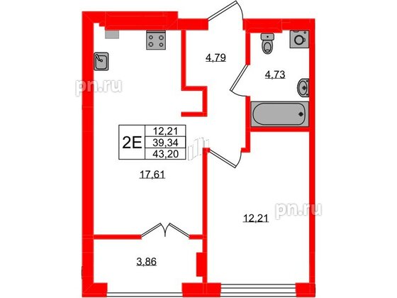 Квартира в ЖК «Включи», 1 комнатная, 43.2 м², 2 этаж