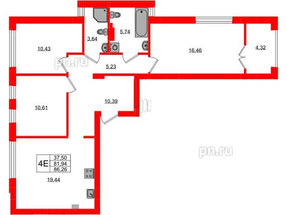 Квартира в ЖК «Включи», 3 комнатная, 86.26 м², 7 этаж