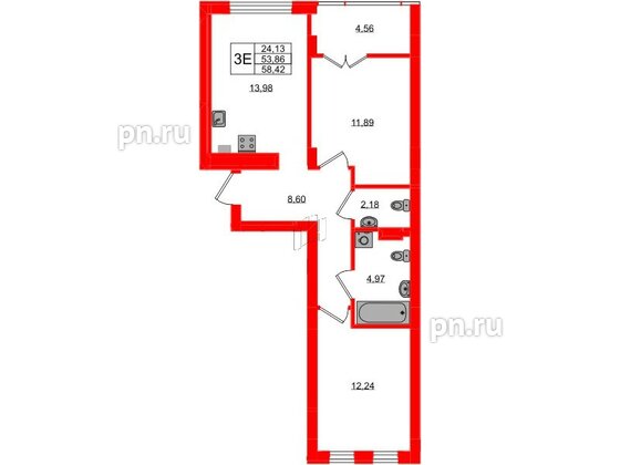 Квартира в ЖК «Включи», 2 комнатная, 58.42 м², 2 этаж