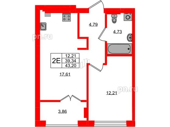 Квартира в ЖК «Включи», 1 комнатная, 43.2 м², 2 этаж