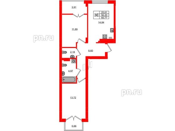 Квартира в ЖК «Включи», 2 комнатная, 60.77 м², 2 этаж