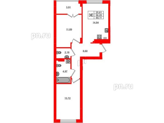 Квартира в ЖК «Включи», 2 комнатная, 60.11 м², 3 этаж