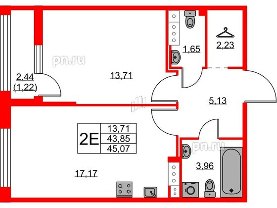 Квартира в ЖК Академик, 1 комнатная, 45.07 м², 12 этаж