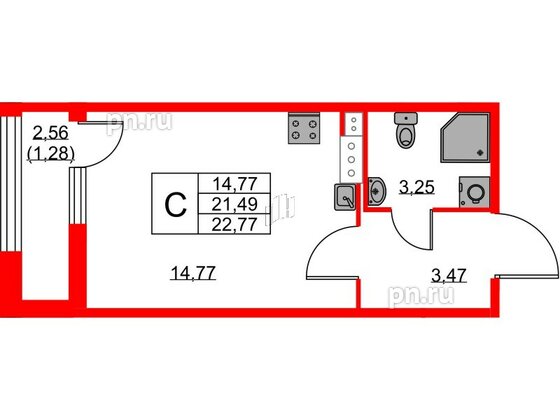 Квартира в ЖК Академик, студия, 22.77 м², 2 этаж