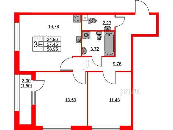 Квартира в ЖК Академик, 2 комнатная, 58.95 м², 1 этаж