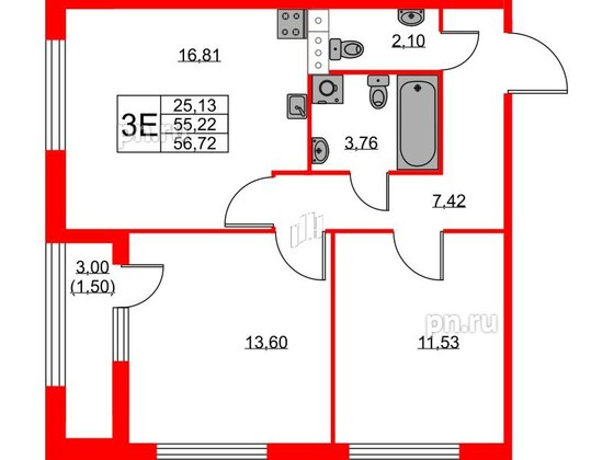 Квартира в ЖК Академик, 2 комнатная, 56.72 м², 2 этаж