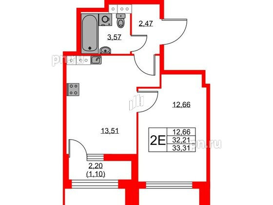 Квартира в ЖК Академик, 1 комнатная, 33.31 м², 10 этаж