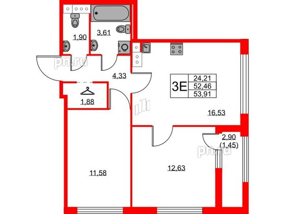 Квартира в ЖК Академик, 2 комнатная, 53.91 м², 8 этаж