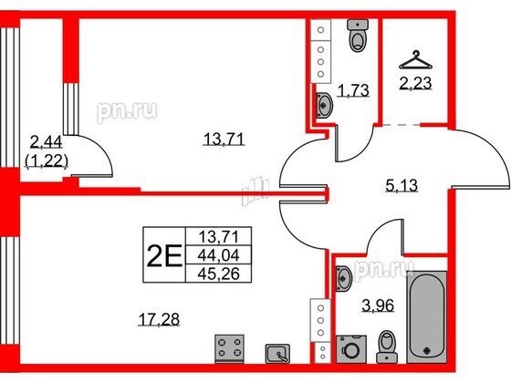 Квартира в ЖК Академик, 1 комнатная, 45.26 м², 10 этаж