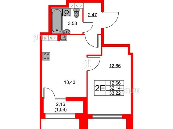 Квартира в ЖК Академик, 1 комнатная, 33.22 м², 11 этаж