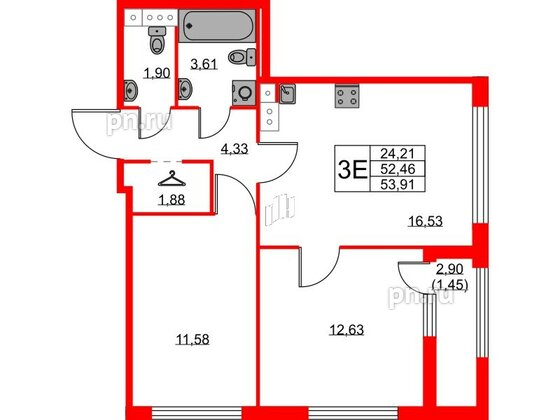 Квартира в ЖК Академик, 2 комнатная, 53.91 м², 3 этаж