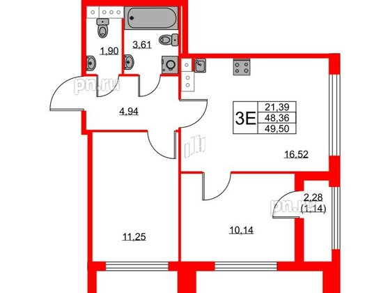 Квартира в ЖК Академик, 2 комнатная, 49.5 м², 10 этаж