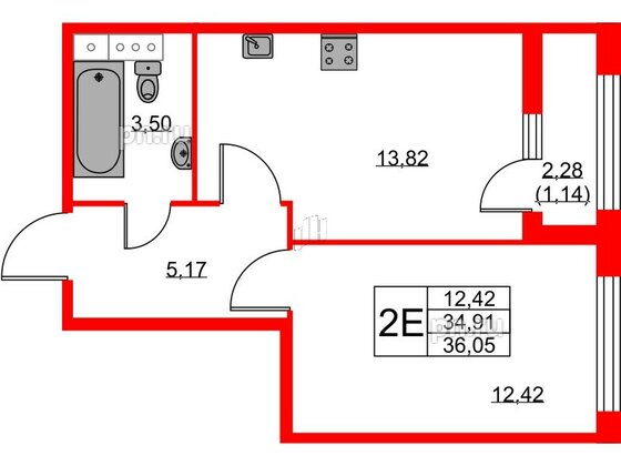 Квартира в ЖК Академик, 1 комнатная, 36.05 м², 8 этаж