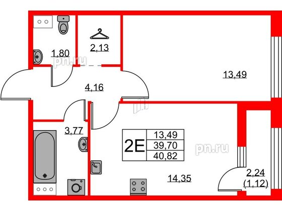 Квартира в ЖК Академик, 1 комнатная, 40.82 м², 1 этаж