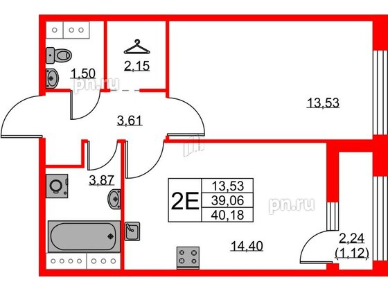 Квартира в ЖК Академик, 1 комнатная, 40.18 м², 8 этаж