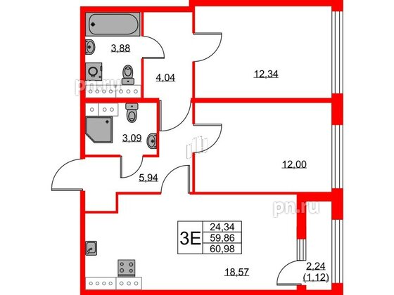 Квартира в ЖК Академик, 2 комнатная, 60.98 м², 10 этаж