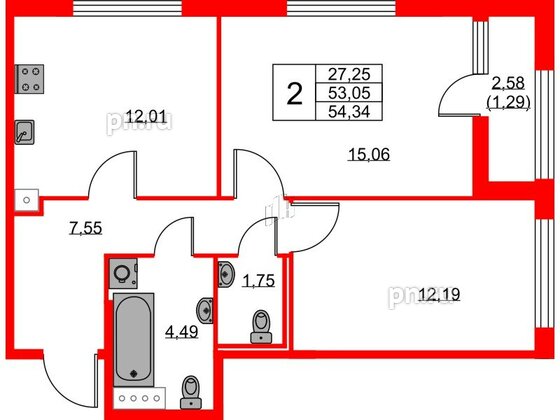 Квартира в ЖК Академик, 2 комнатная, 54.34 м², 1 этаж