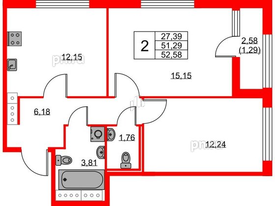 Квартира в ЖК Академик, 2 комнатная, 52.58 м², 3 этаж