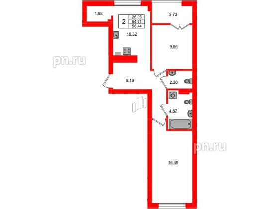 Квартира в ЖК «Включи», 2 комнатная, 58.44 м², 2 этаж