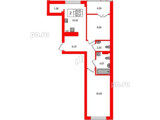 Квартира в ЖК «Включи», 2 комнатная, 59.27 м², 6 этаж