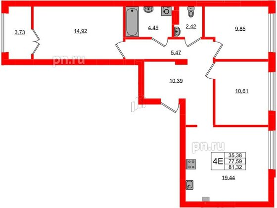 Квартира в ЖК «Включи», 3 комнатная, 81.32 м², 2 этаж