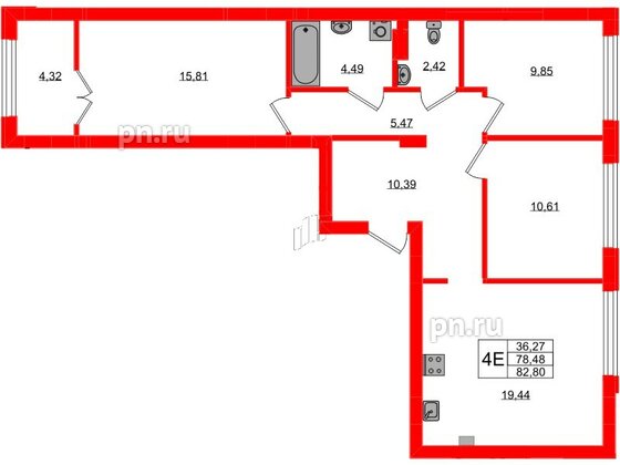 Квартира в ЖК «Включи», 3 комнатная, 82.8 м², 3 этаж