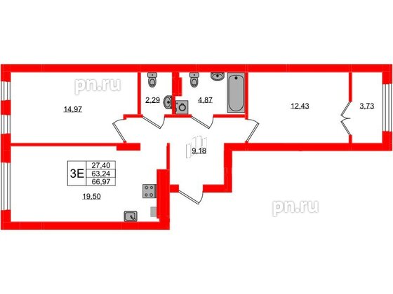 Квартира в ЖК «Включи», 2 комнатная, 66.97 м², 3 этаж