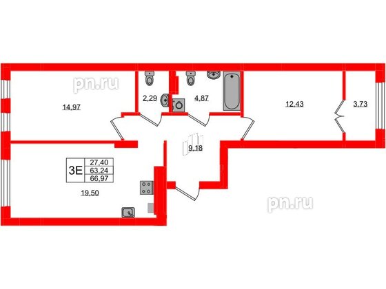 Квартира в ЖК «Включи», 2 комнатная, 66.97 м², 4 этаж