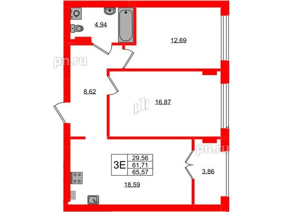 Квартира в ЖК «Включи», 2 комнатная, 65.57 м², 2 этаж