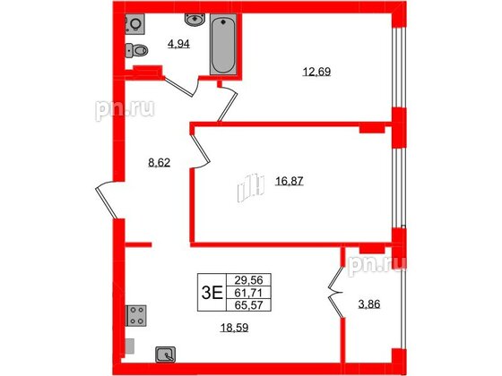 Квартира в ЖК «Включи», 2 комнатная, 65.57 м², 3 этаж