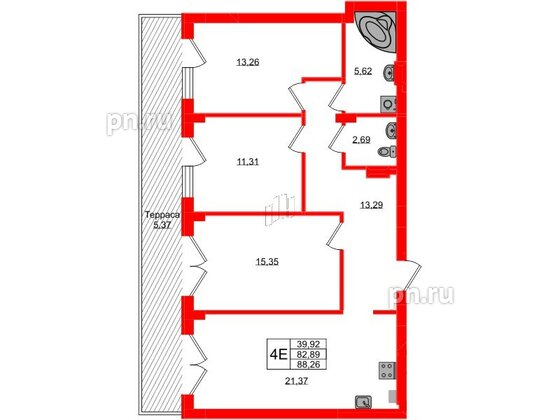 Квартира в ЖК «Включи», 3 комнатная, 88.26 м², 1 этаж