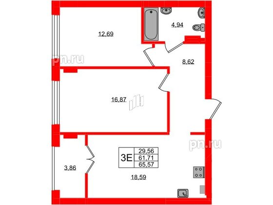 Квартира в ЖК «Включи», 2 комнатная, 65.57 м², 2 этаж