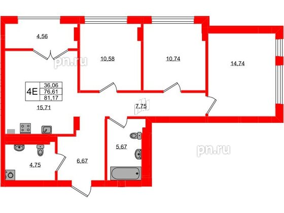 Квартира в ЖК «Включи», 3 комнатная, 81.17 м², 4 этаж