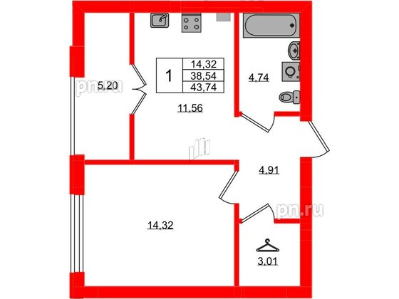 Квартира в ЖК «Включи», 1 комнатная, 43.74 м², 2 этаж